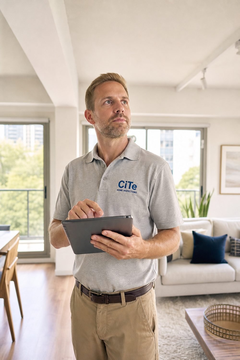 Inspector de CiTe revisando un inmueble con una tablet